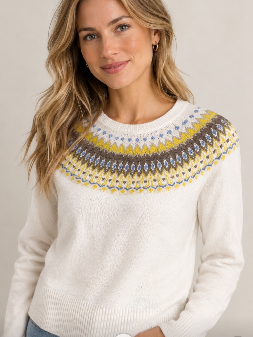 LOFT Fair Isle Sweater Womens M White Yellow Blue Cozy Knit Crewneck